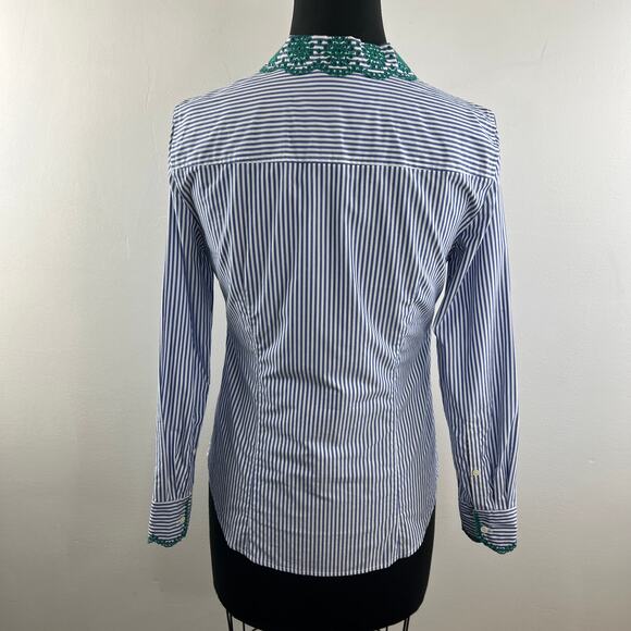 J.Crew Perfect Eyelet Trim Stripe Shirt Blue White Embroidered Button Down Sz 2 - Picture 7 of 10
